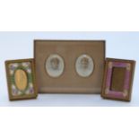 Framed pair of portrait miniatures of ladies, overall size 16 x 21cm, and two enamel photograph