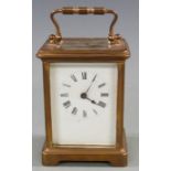 Late 19th / early 20thC brass carriage clock with white enamel dial and blued spade hands, 11cm