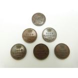 Six Victorian copper half farthings, 1839, 1843, 1844 and 1847, VF/EF
