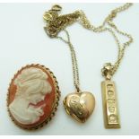 A 9ct gold ingot and 9ct gold chain (5.2g), a locket and a 9ct gold brooch set with a cameo