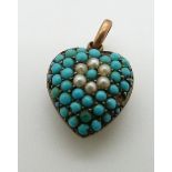 Edwardian heart pendant set with turquoise cabochons and seed pearls, engraved 1902.