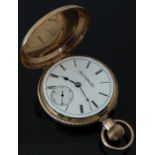 Elgin gold plated keyless winding full hunter pocket watch with inset subsidiary seconds dial, blued