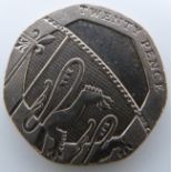 Royal Shield of Arms, undated error obverse 20 pence coin (2008) mule, Spink 4636A, EF+