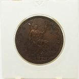 1860 Victorian young head bronze penny, TB, signature on cape obverse, LCW under shield reverse,