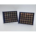 A collection of UK pennies in two collectors' trays to include Victorian 1860s and 1870, mostly