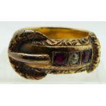 Victorian 18ct gold buckle ring set with rubies and a diamond, Chester 1899, size M