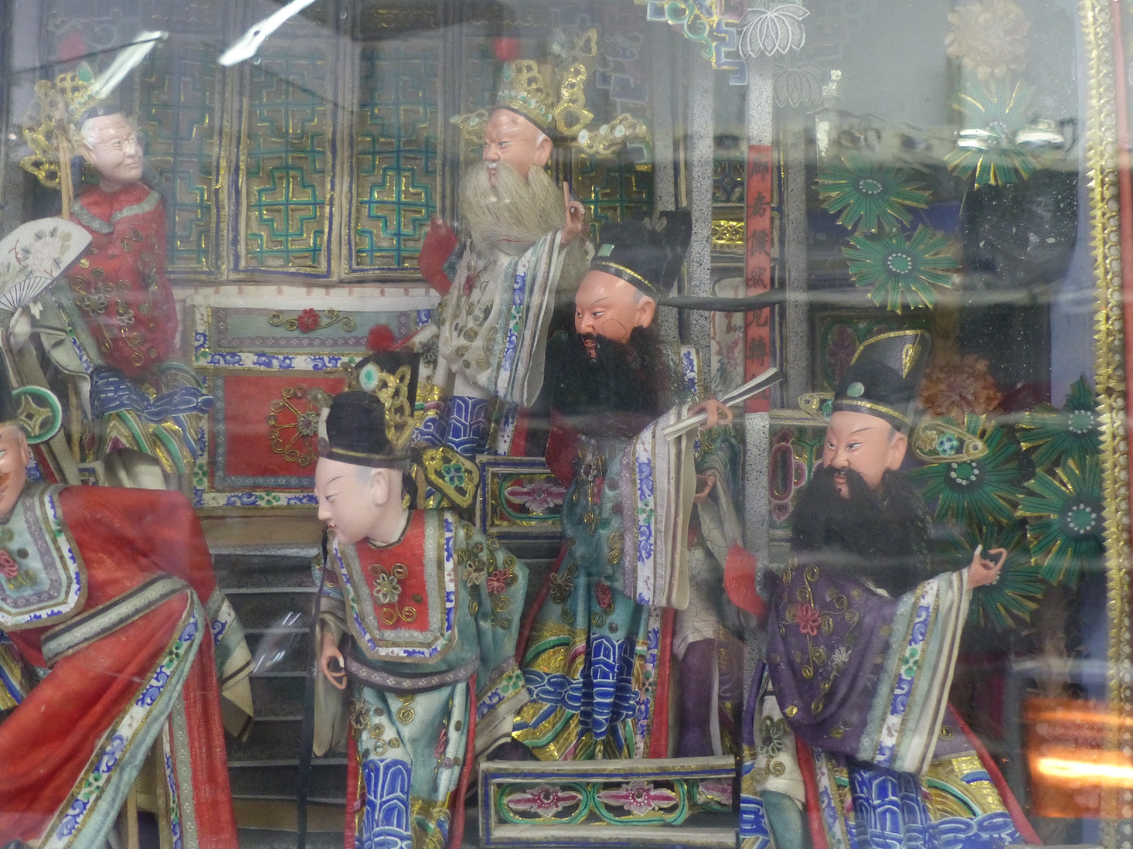 A cased Chinese diorama figure group of a court scene or play, H 43cm x W 63cm x D 15cm - Image 3 of 3