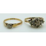 An 18ct gold ring set with a diamond in a platinum setting and a 9ct gold ring set with diamonds,