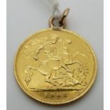 A 1908 gold half sovereign in pendant mount, 4.2g
