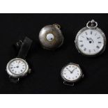 Four various watches comprising J W Benson gun metal keyless winding half hunter pocket watch with