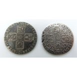George I 1723 sixpence, SSC in angles reverse, F, together with a George II 1758 old head example,