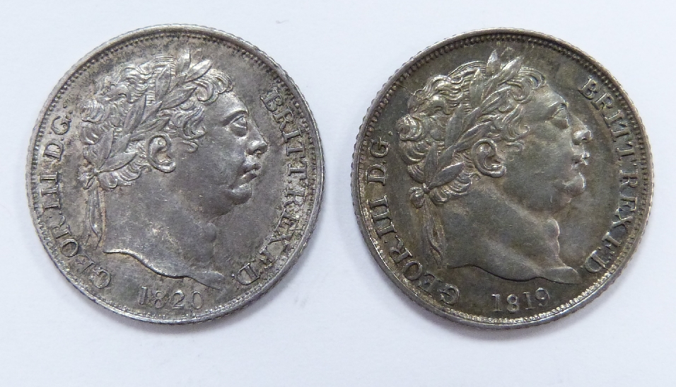 George III 'bull head' sixpences, 1819 and 1820, EF