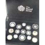 Royal Mint 2013 silver proof coin set comprising 15 coins from five pounds to one penny, including