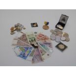 A collection of modern crowns, banknotes etc