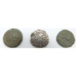 Edward I London Mint hammered penny class Xd 1302-1310, together with two bronze Roman coins