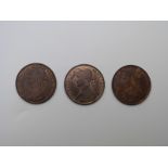 1886, 1887 and 1889 Victorian bronze pennies, EF or NEF with lustre, 3 coins