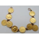 A 9ct gold bracelet set with ten various gold half sovereigns on a bracelet including George III,