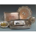 Four silver plated trays including a galleried example, length 47cm, entree dishes, biscuit barrel