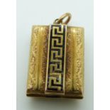 Victorian gold locket set with enamel in a Greek key design and engraved foliate design, 1.5 x 2cm