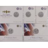 Five Royal Mint £20 fine silver coins comprising three 2015 Longest Reigning Monarch and two 2013