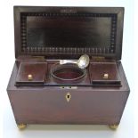 A 19thC rosewood two division tea caddy with brass loop handles, raised on ball feet, H 22cm x W