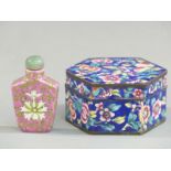 Chinese enamel hexagonal box and a ceramic snuff bottle with character marks to base, tallest 6cm