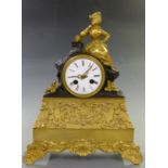 Nineteenth century gilt brass mantel clock with enamel Roman dial, brass filigree hands, French