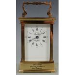 Late twentieth century French brass carriage clock L'Epee, Sainte Luxanne to white Roman dial,