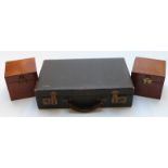 Leather attaché case with fitted interior and monogram, vintage darts, Wray of London wooden box,