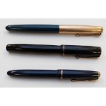 Three Parker fountain pens comprising 51 with teal barrel and gold plated cap, Premiere with black