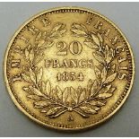 1854 Napoleon III Empire Francais gold 20 franc coin, 6.42g