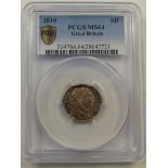 George III 1816 PCGS slabbed "bull head" sixpence, MS64