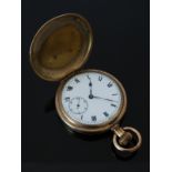 Gold plated keyless winding full hunter pocket watch with inset subsidiary seconds dial, blued