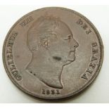 1831 William IV copper penny W.W on trun, VF, Spink 3846