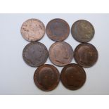 Eight Edward VII pennies, EF+/near unc with lustre, earliest 1902, latest 1910