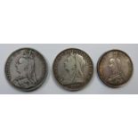 1895 veiled head Victorian crown, an 1891 Jubilee example and an 1889 double florin, various