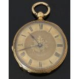 An 18ct gold open faced pocket watch with black Roman numerals, blued hands, engraved self-