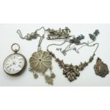 A silver fob watch, filigree necklace, silver and marcasite necklace and brooch etc