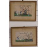 A pair of early 19thC / early 20thC Chinese watercolours on silk of a boys firing at birds in a