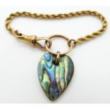 A yellow metal rope twist bracelet / fob marked 12ct with an abalone heart charm