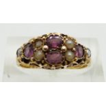 Victorian 15ct gold ring set with garnets and seed pearls, Birmingham 1873, size N