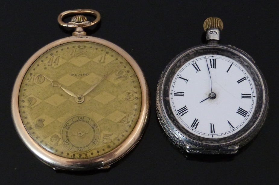 Tempo gold plated keyless winding open faced pocket watch with inset subsidiary seconds dial,