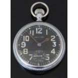 Waltham military issue open faced keyless winding pocket watch with black face, Arabic numerals,