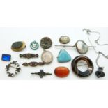 A collection of jewellery including Victorian silver, other brooches including agate set etc