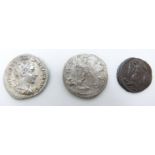Two Roman silver coins featuring figures reverse, both approximately 2.3cm diameter, one believed