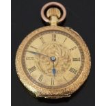 An 18ct gold keyless winding open faced ladies fob watch with enamelled decoration of birds and