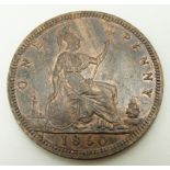 1860 Victorian young head bronze penny, TB, signature on cape obverse, LCW under shield reverse,