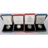 Four silver proof Piedfort one pound coins issued by the Royal Mint, comprising 1999, 2002, 2006 and