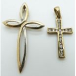 A 9ct gold stylised cross and a 9ct gold cross pendant set with cubic zirconia, 3.4g