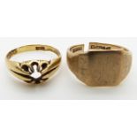 A 9ct gold signet ring (3.6g) and an 18ct gold ring (2.5g)